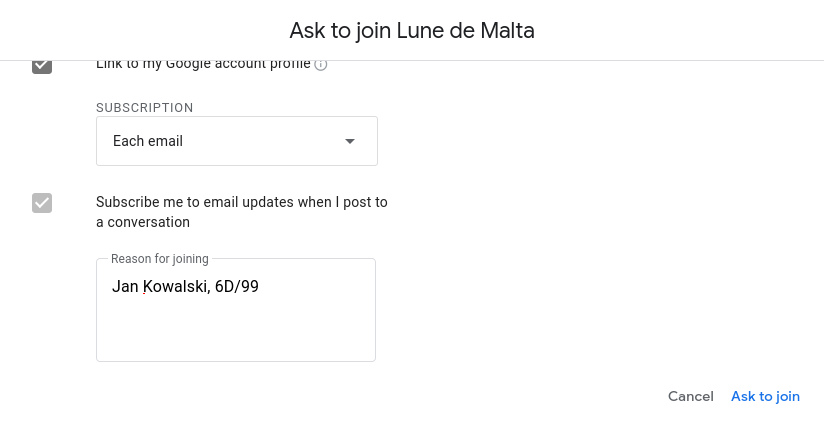 Prośba o dołączenie do grupy Google